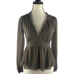 Express Peplum top brown olive  green blouse long sheer sleeves v-neck sz XS